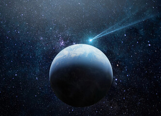 Comet, asteroid, meteorite flying to the planet Earth.  Glowing asteroid and tail of a falling comet threatening the safety of the Earth.  Elements of this image furnished by NASA. © Tryfonov