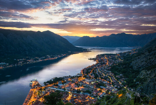 Panoramic evening view of the old town and the Bay of Kotor from above. The Bay of Kotor is the beautiful place on the Adriatic Sea. Kotor, Montenegro.