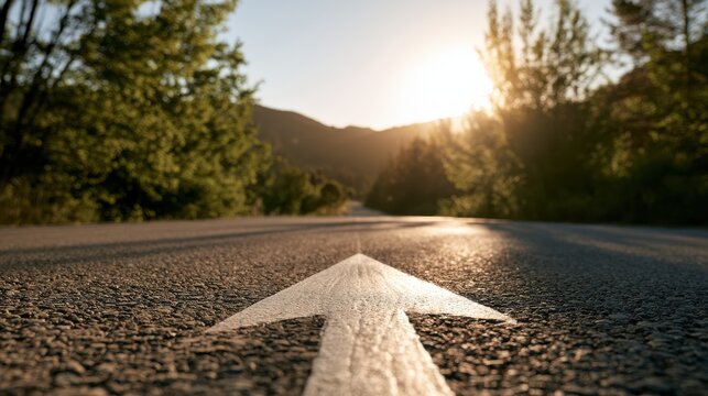 White arrow on an asphalt road pointing directly into a vibrant sunset over a scenic mountain landscape. Represents future direction, journey, and progress.