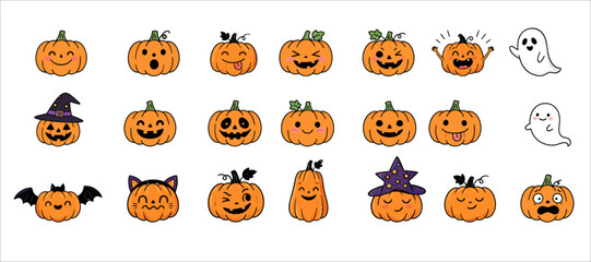 Obraz premium Collection of carved pumpkins with various spooky and playful faces 