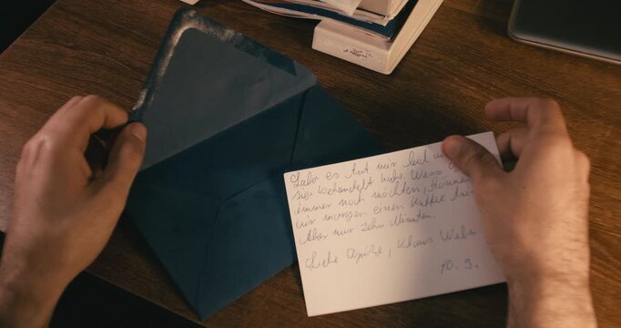 Cinematic shot of reading apology letter with message about coffee