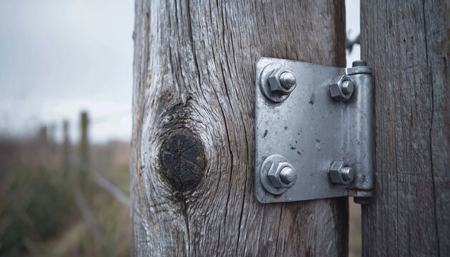 A weathered wooden gate is secured by a metal hinge and four large bolts. The pronounced wood grain shows years of outdoor wear. Rural fence maintenance and durable construction detail.