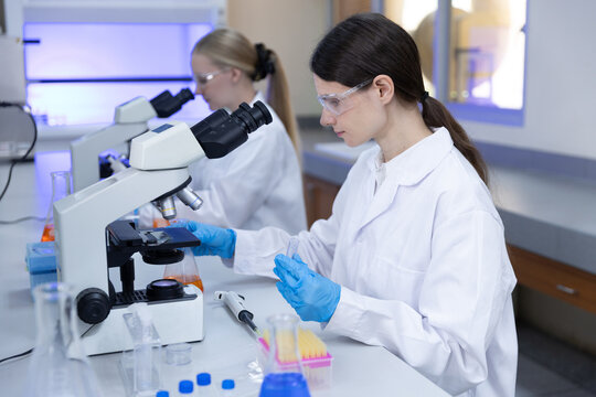 women scientists analyze samples with microscopes and test tubes in laboratory. scientist, laboratory, research, microscope, biotechnology. Medical research concept.