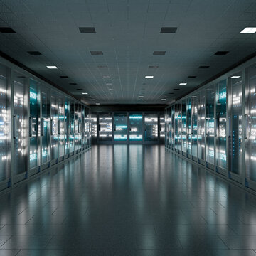 3D expansive server room aisle with illuminated glass racks and polished floor