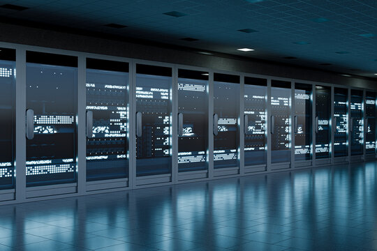 3D angled data center wall with glass server cabinets and blue reflections