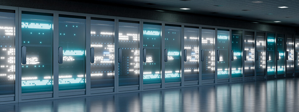 3D panoramic server cabinet row with cyan hardware glow and reflective floor