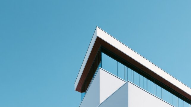 A striking low-angle view of a modern building's sharp corner and glass facade against a clear blue sky. This image is ideal for architecture, urban planning, or corporate themes.