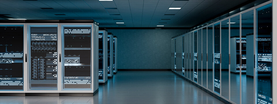 3D spacious server room with modular racks glass cabinets and open floor