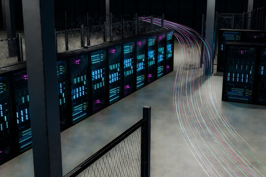 3D glowing data trail weaving between server racks in secure computing facility