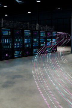 3D luminous network path flowing past server cabinets in dark technology hall