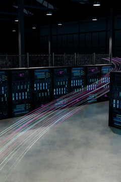 3D digital data stream sweeping beside server rack row in industrial interior