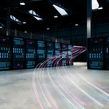 3D curved data flow crossing server aisle beneath industrial skylight