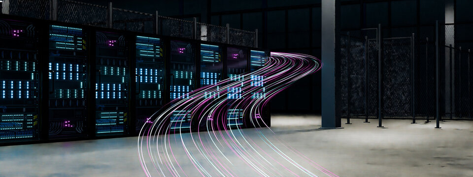 3D neon network stream arcing across server room with security fencing