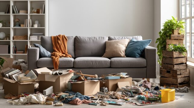 A cluttered living room with moving boxes and discarded items on the floor in front of a sofa. Perfect for concepts of chaos, disorganization, or relocation.