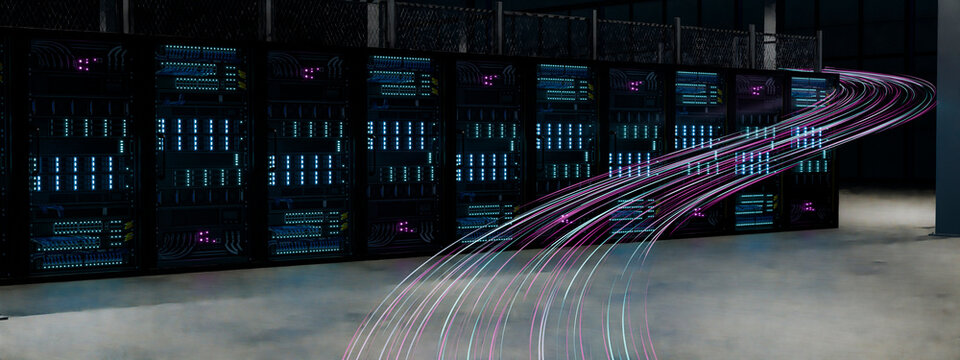 3D fiber data stream sweeping toward illuminated server rack array in dark facility