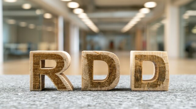 Wooden block letters forming 'RDD' stand on a textured surface in a blurred office hallway. This symbolizes business, data concepts, or research and development.