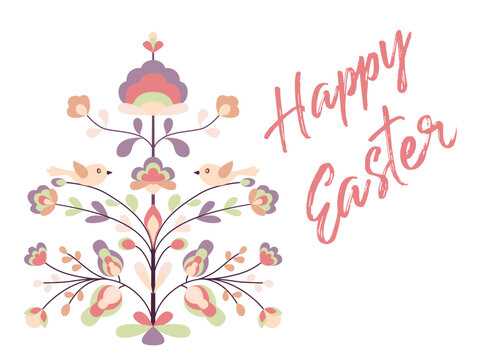 Happy Easter card with flowers and birds on tree of life. Blooming life tree, chicken, spring blossom. Folk style floral zoomorphic ornament. Abstract spring blossom on sprout. Easter card