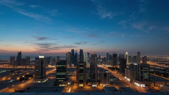 Doha skyline sunset to night time lapse with city lights in Qatar
