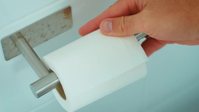 White toilet tissue roll on stainless steel dispenser in public bathroom. Person reaching for paper during restroom visit. Clean sanitary supplies, hand hygiene and essential bathroom amenity in close