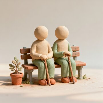 Two elderly clay figures sitting back to back on a park bench with walking canes, concept of old age, loneliness and companionship