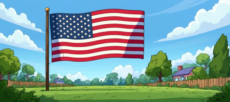 Waving America flag on green yard. USA 4th of July Memorial or Independence day. Generative video AI technology.