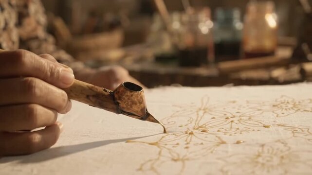 Close up artisan hand using canting to draw traditional Indonesian batik pattern with hot wax on white fabric, authentic cultural heritage craft