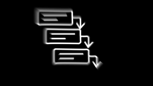 Waterfall methodology diagram animation with step-by-step guidance animated icon, sequential project management approach and continuous process flat line motion graphic loop black backround. 4k