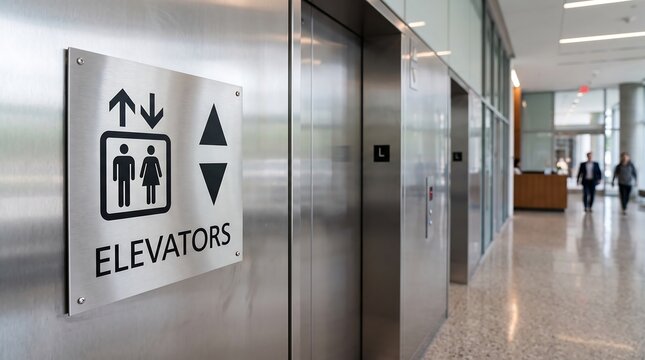 Elevator sign with up and down arrows next to two closed metal elevator doors in a modern office building hallway with people walking in the background.