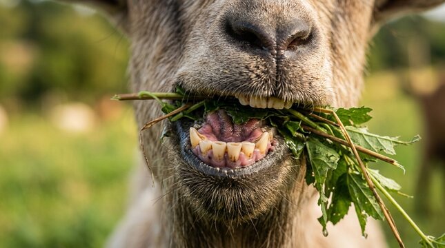 Close-up of a Goat's Mouth Eating Green Leaves and Twigs Outdoors