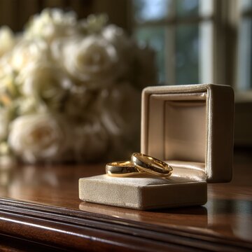 Gold Wedding Rings in an Open Box with Flowers Behind