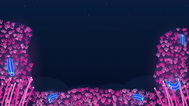 Electric blue sea slugs crawling on glowing pink algae seamless loop