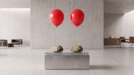 Fototapeta premium Conceptual Art Installation Featuring Two Vibrant Red Balloons Tied to Heavy Natural Stones on a Glass Pedestal Inside a Modern Minimalist Concrete Office Lobby or Gallery Interior Space