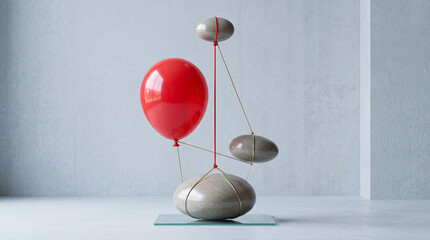 Fototapeta premium Abstract Conceptual Sculpture Featuring a Vibrant Red Balloon Balanced with Smooth River Stones on a Minimalist Glass Base, Modern Art Representing Equilibrium, Tension, and Gravity in a Studio