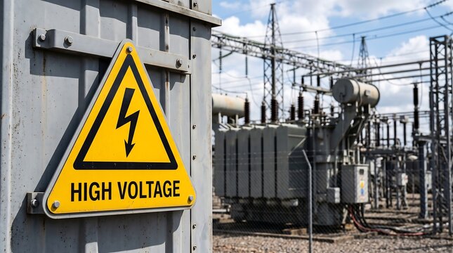A prominent yellow triangular warning sign with the text "HIGH VOLTAGE" is displayed on a metal structure in front of an electrical substation with large transformers and power lines.