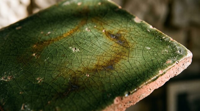 Wabi-sabi inspired macro photography of a weathered green ceramic tile with a fine craquelure glaze resting in soft, natural light, an ideal texture for authentic artisan branding.