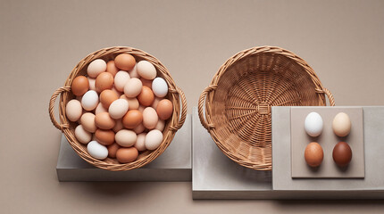 Fototapeta premium High-Angle View of Fresh Organic Chicken Eggs in a Woven Wicker Basket and Arranged on Minimalist Stone Platforms, Showcasing a Variety of Natural Shades and Textures in a Clean Studio Setting