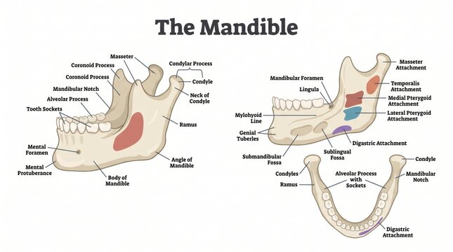 Human mandible bone anatomy chart with landmarks and muscle attachments