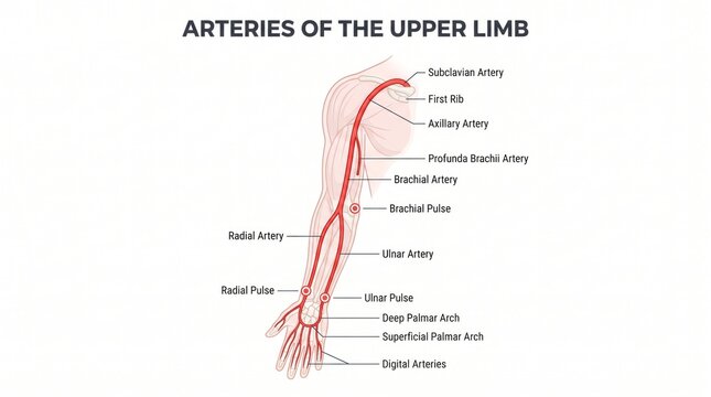 Upper limb arteries anatomy chart with brachial, radial and ulnar arteries