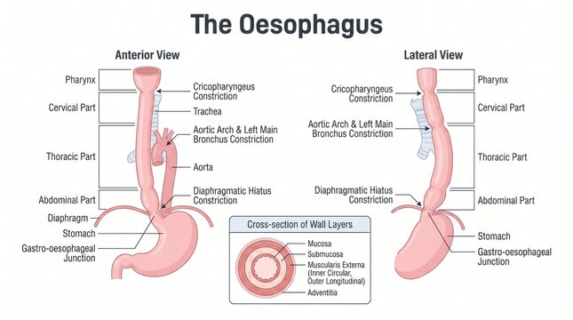 Oesophagus anatomy chart with sphincters, constrictions and wall layers