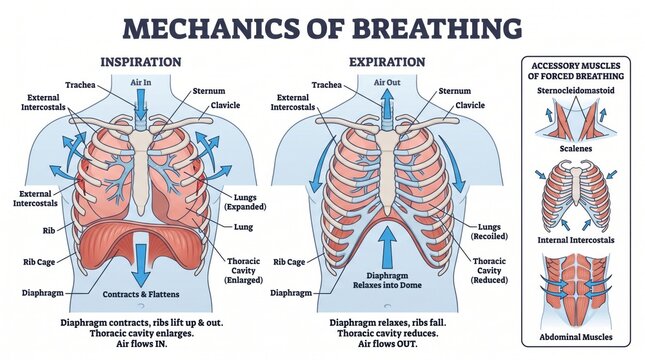 Mechanics of breathing anatomy chart showing inspiration and expiration
