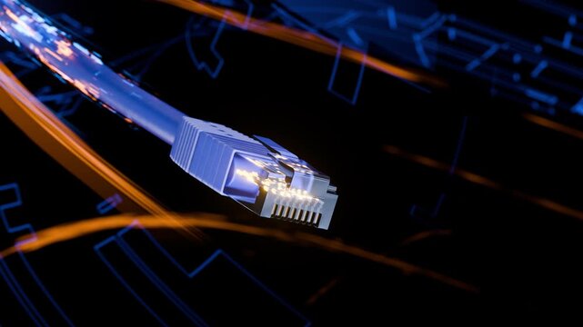 Data transmission over the Internet. A futuristic RJ-45 connector for connecting to a local area network or the Internet. Client-server connection concept. Operation of network protocols.