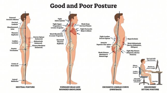 Good and poor posture anatomy chart with spinal alignment