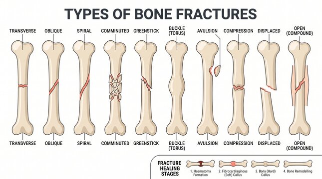 Types of bone fractures anatomy chart with fracture healing stages