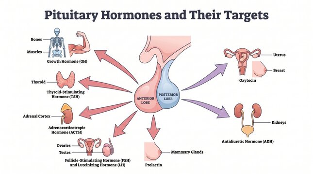 Pituitary gland hormones and target organs anatomy chart