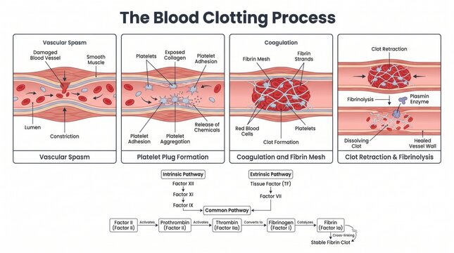 Blood clotting process anatomy chart with platelet plug and coagulation cascade