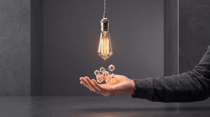 Fototapeta premium Concept of scientific innovation and creative ideas featuring a hand holding a crystalline molecular atom model under a glowing vintage light bulb, representing research, physics, and discovery.