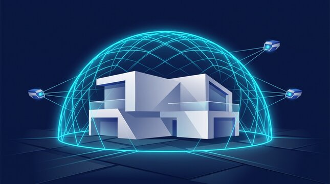 Modern house protected by a glowing blue digital dome shield and surveillance cameras representing advanced smart home security.