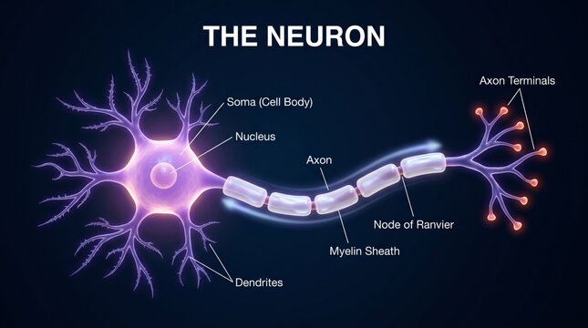 Neuron 3D anatomical render with myelinated axon and dendrites
