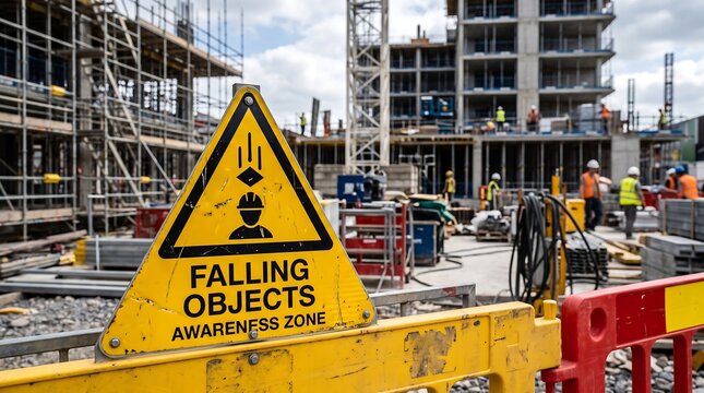 A bright yellow triangular warning sign for falling objects awareness zone is prominently displayed at a busy construction site with buildings under construction and workers present.