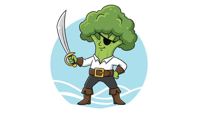 Broccoli pirate cartoon mascot holding a sharp cutlass sword and wearing a black eye patch on a blue sea background.